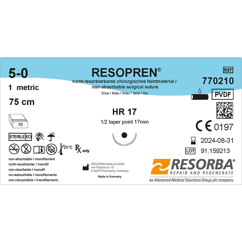Резопрен USP5-0 синій, довжина 75см, колюча голка 17мм, 1/2 кола